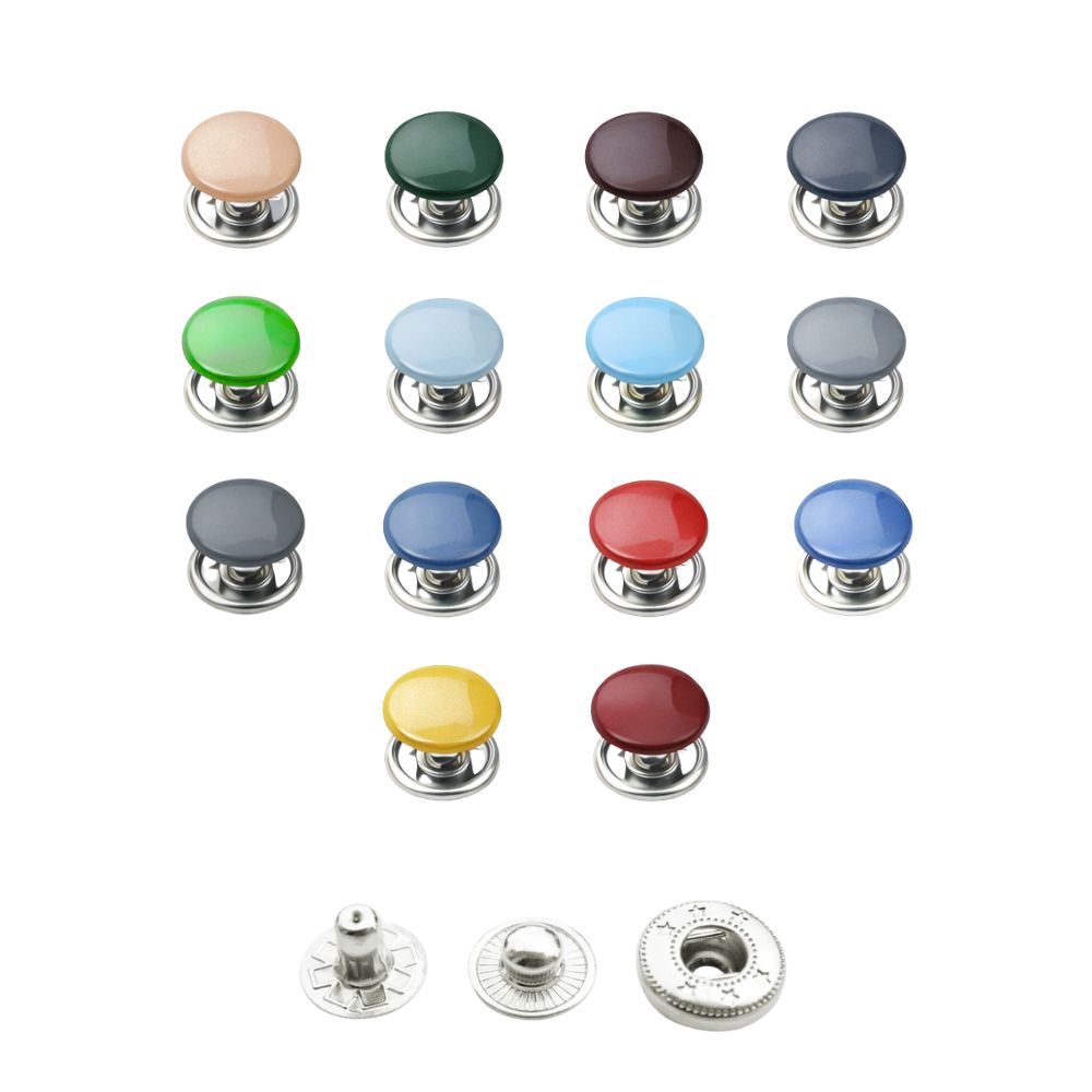 15mm S Spring Press Studs with Coloured Caps and Silver Components (10 Sets)