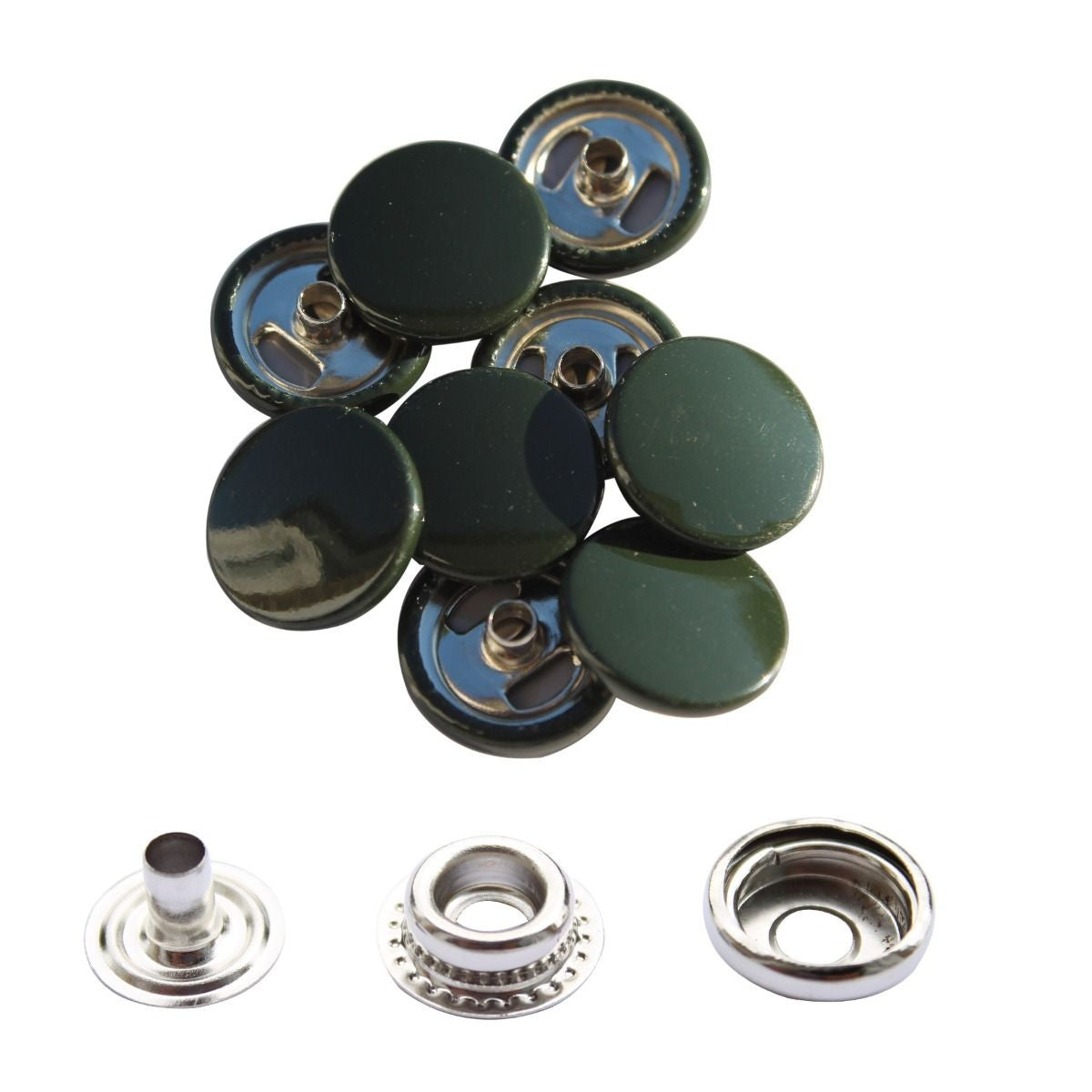 15mm 4-Part Press Studs with Colour Caps and Silver Components - Large (10 Sets)