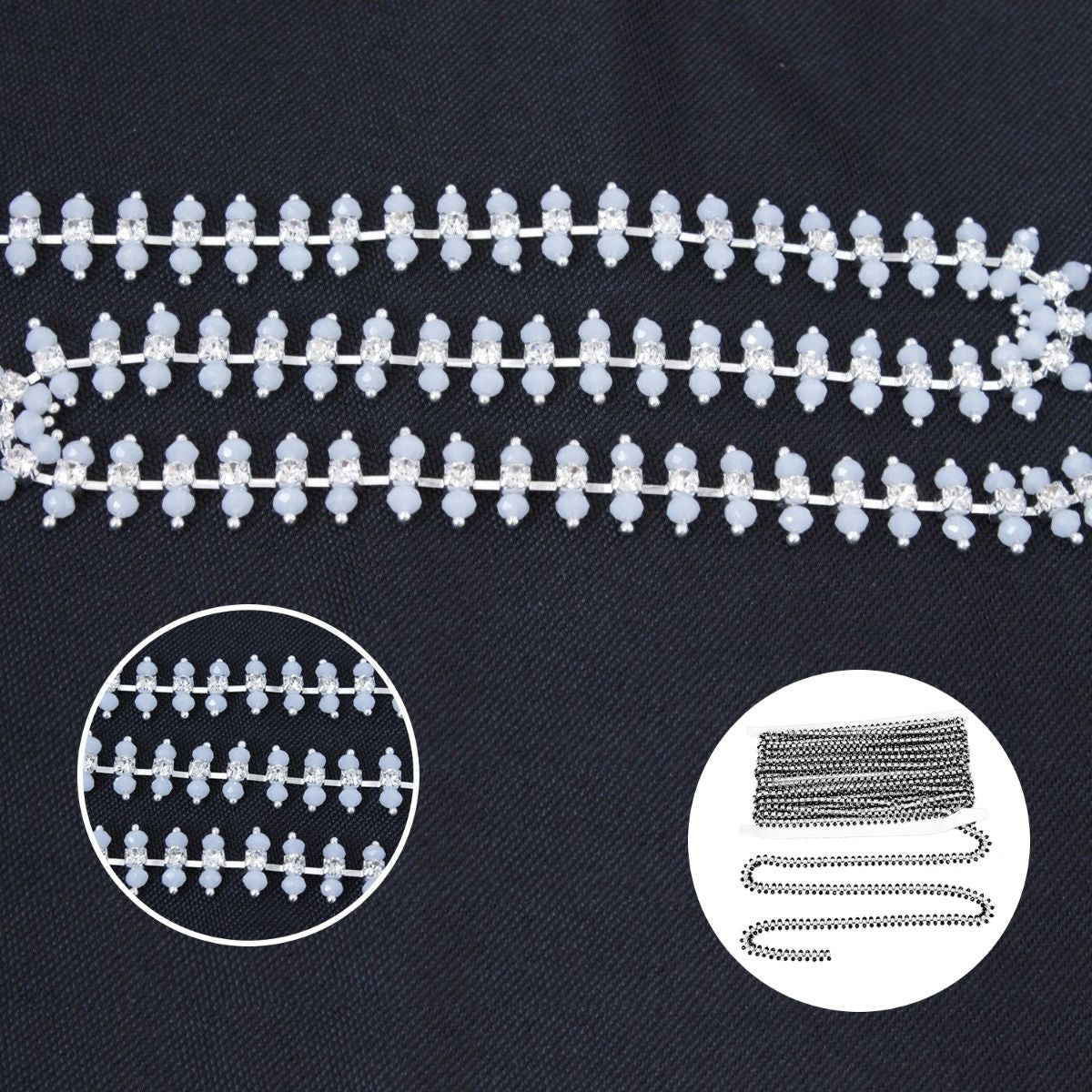 Silver Lace Trim Clear Diamonds Pearls 1m