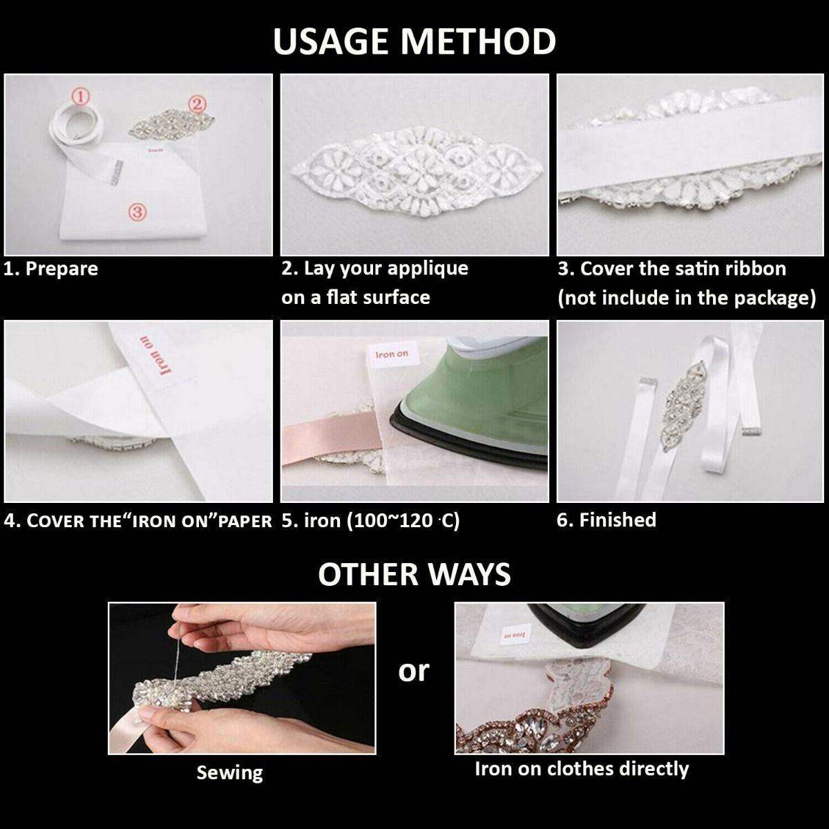 Iron-On Floral Design Diamante Motif - 245mm x 85mm