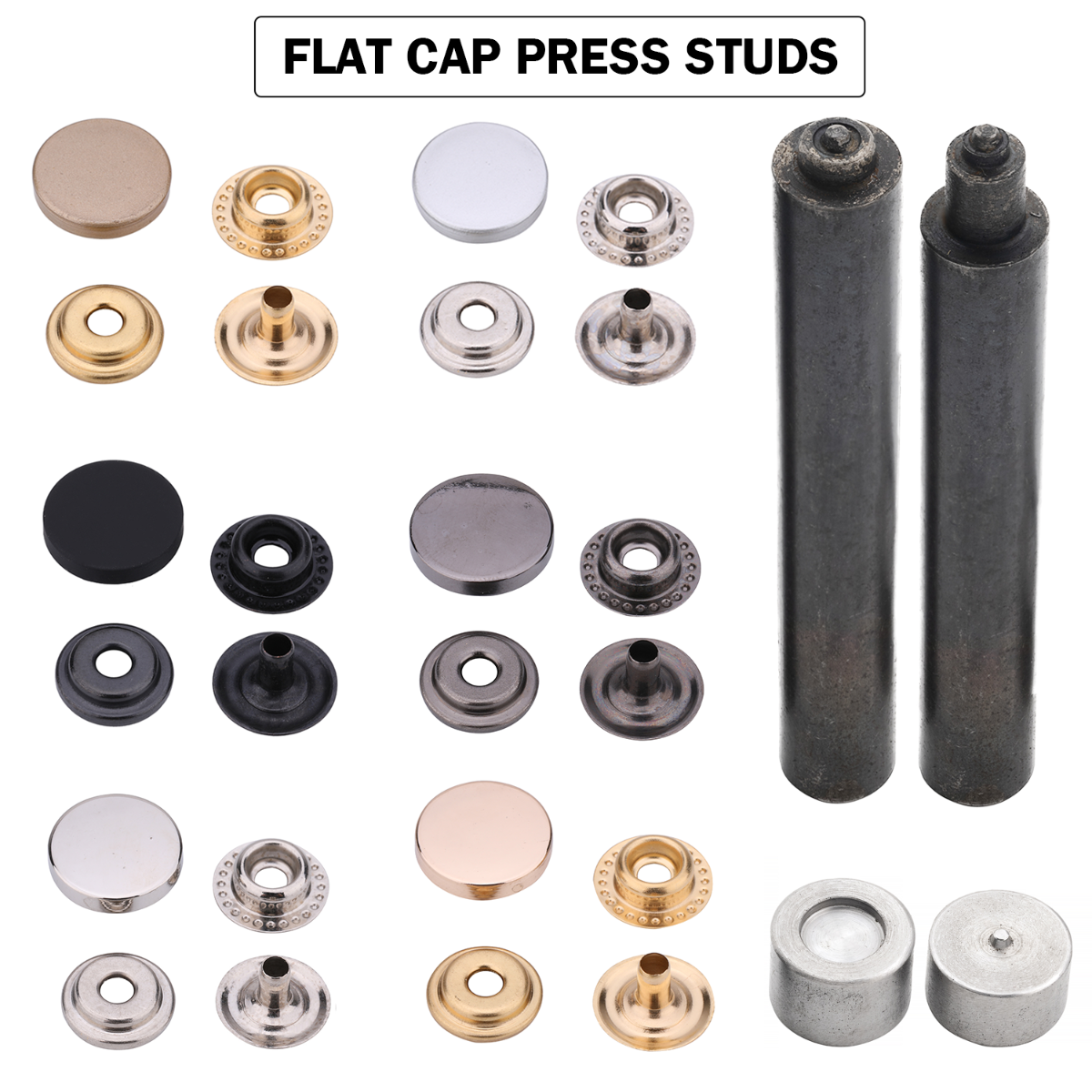 4-Parts Flat Cap Press Studs with Fixing Hand Tool (10 Sets)