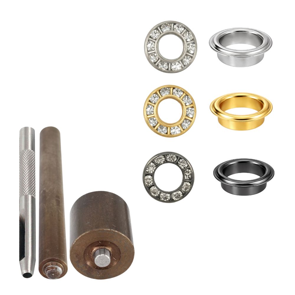 6mm Diamante Studded Brass Eyelets with Fixing Hand Tool - (Pack of 50)