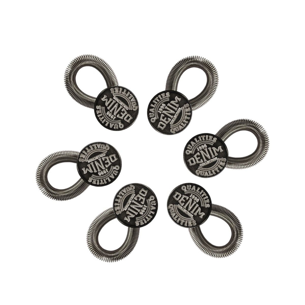 Waist Extender Elastic Spring Brass Button 17mm, Gunmetal With Denim Text