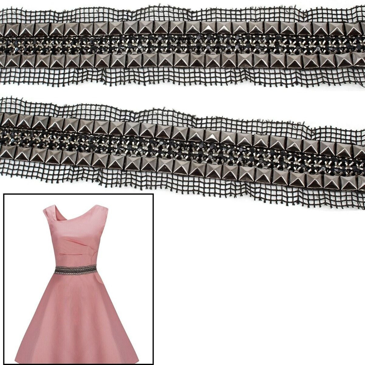 45mm Iron-On Metal Pyramid Stud Trim - Gunmetal