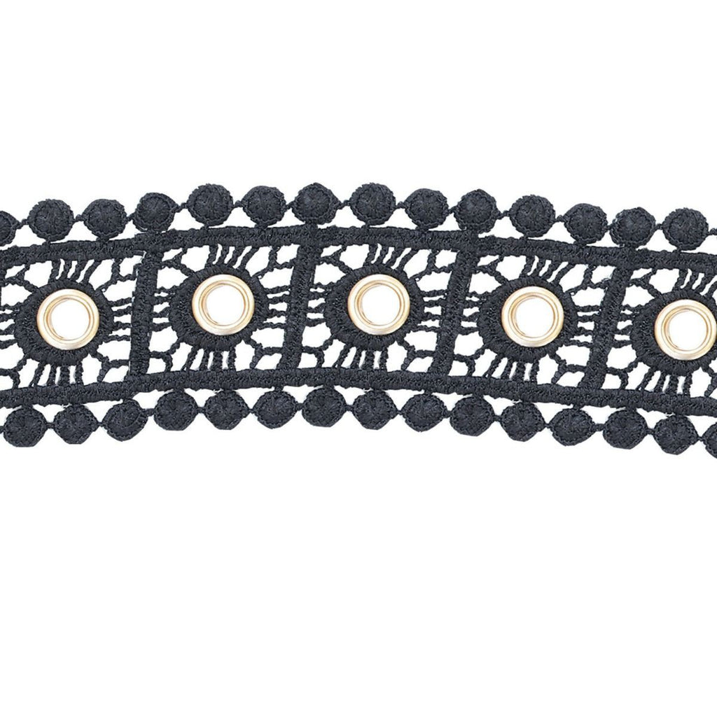 40mm Cotton Crochet Lace Trim With Diamante Studded Eyelets - Black - 1m