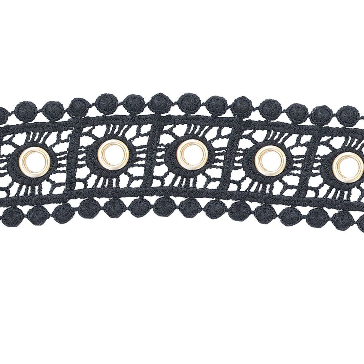 40mm Cotton Crochet Lace Trim With Diamante Studded Eyelets - Black - 1m