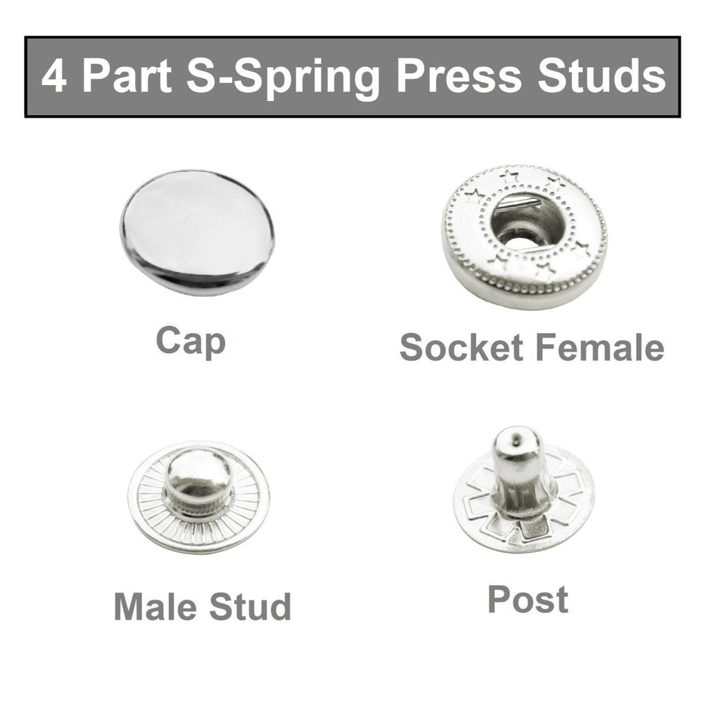 15mm S Spring Press Studs with Coloured Caps and Silver Components (10 Sets)