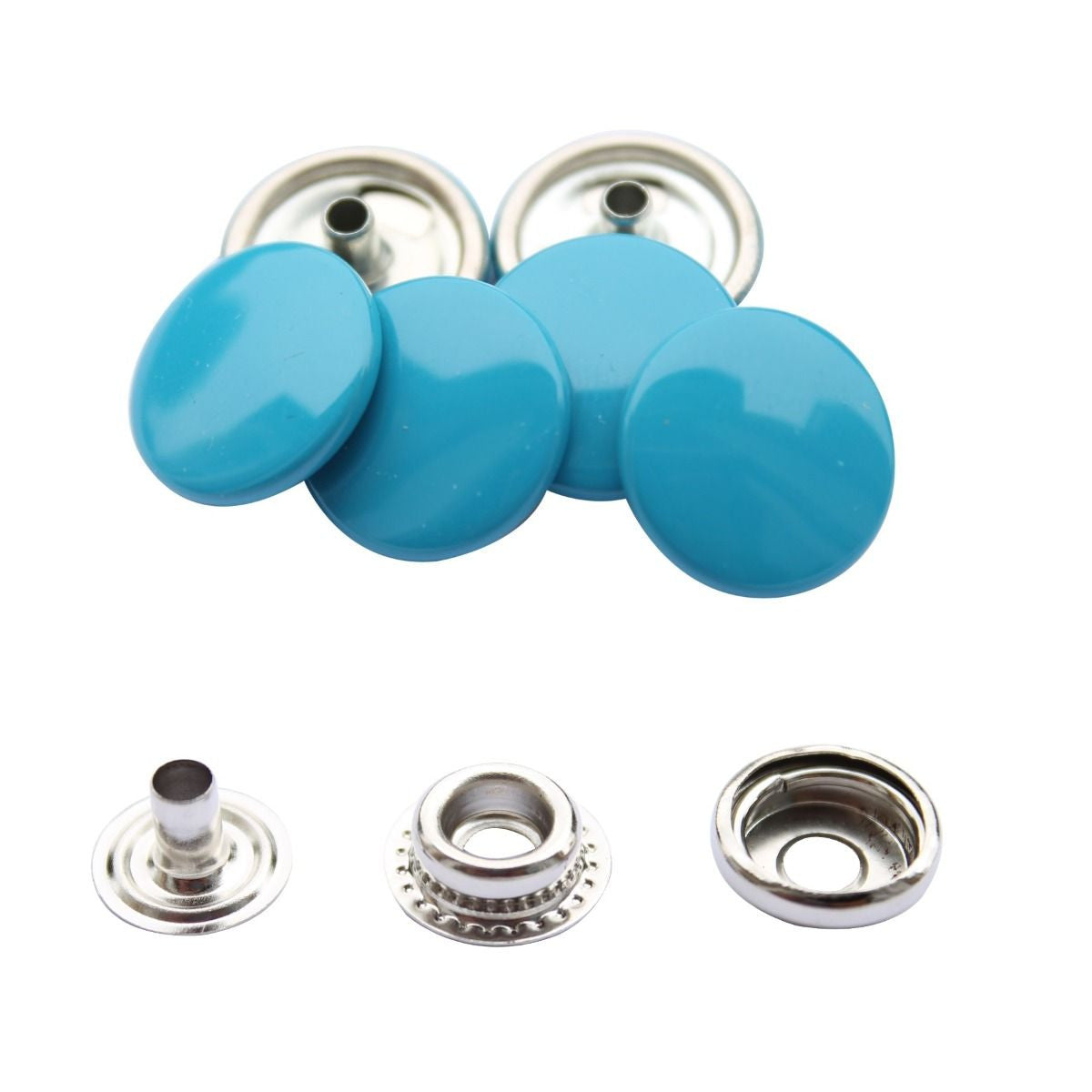 15mm 4-Part Press Studs with Colour Caps and Silver Components - Large (10 Sets)