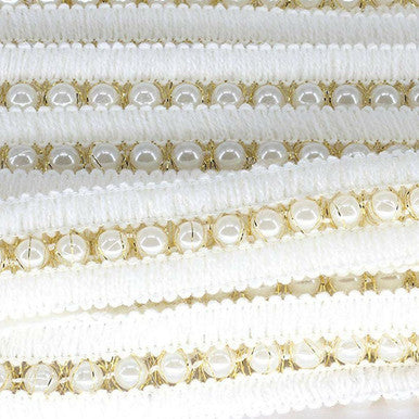 12mm Ivory Pearl Beaded Lustrous Lace Ribbon Gold Fringe - 1m